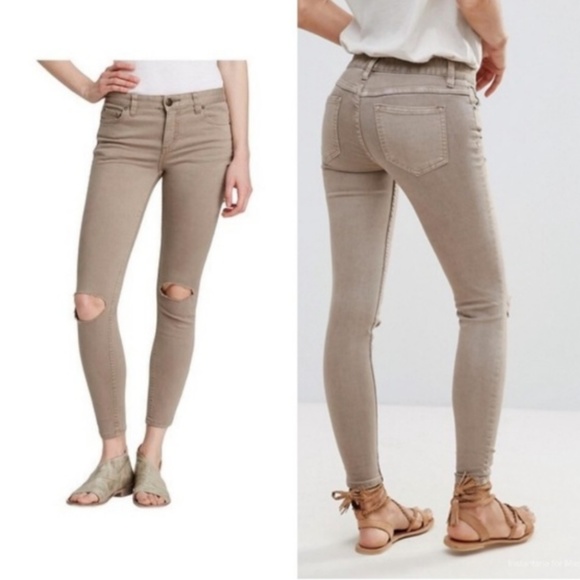 Free People Denim - Free People Tan Busted Mid Rise Skinny Jeans